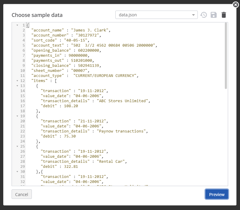 A view of the JSON data used by the template