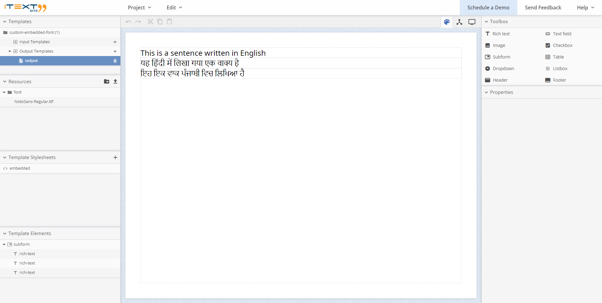 An example of using English, Hindi and Punjabi text in the iText DITO Editor