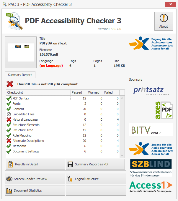 Screenshot showing the PDF missing tags for alternate descriptions and natural language