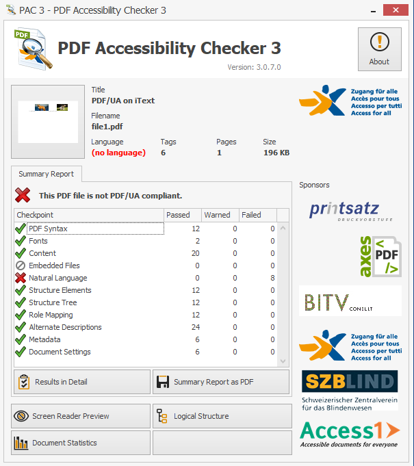 Screenshot of the PDF in the Accessibility Checker showing compliance for alternate image description tags.
