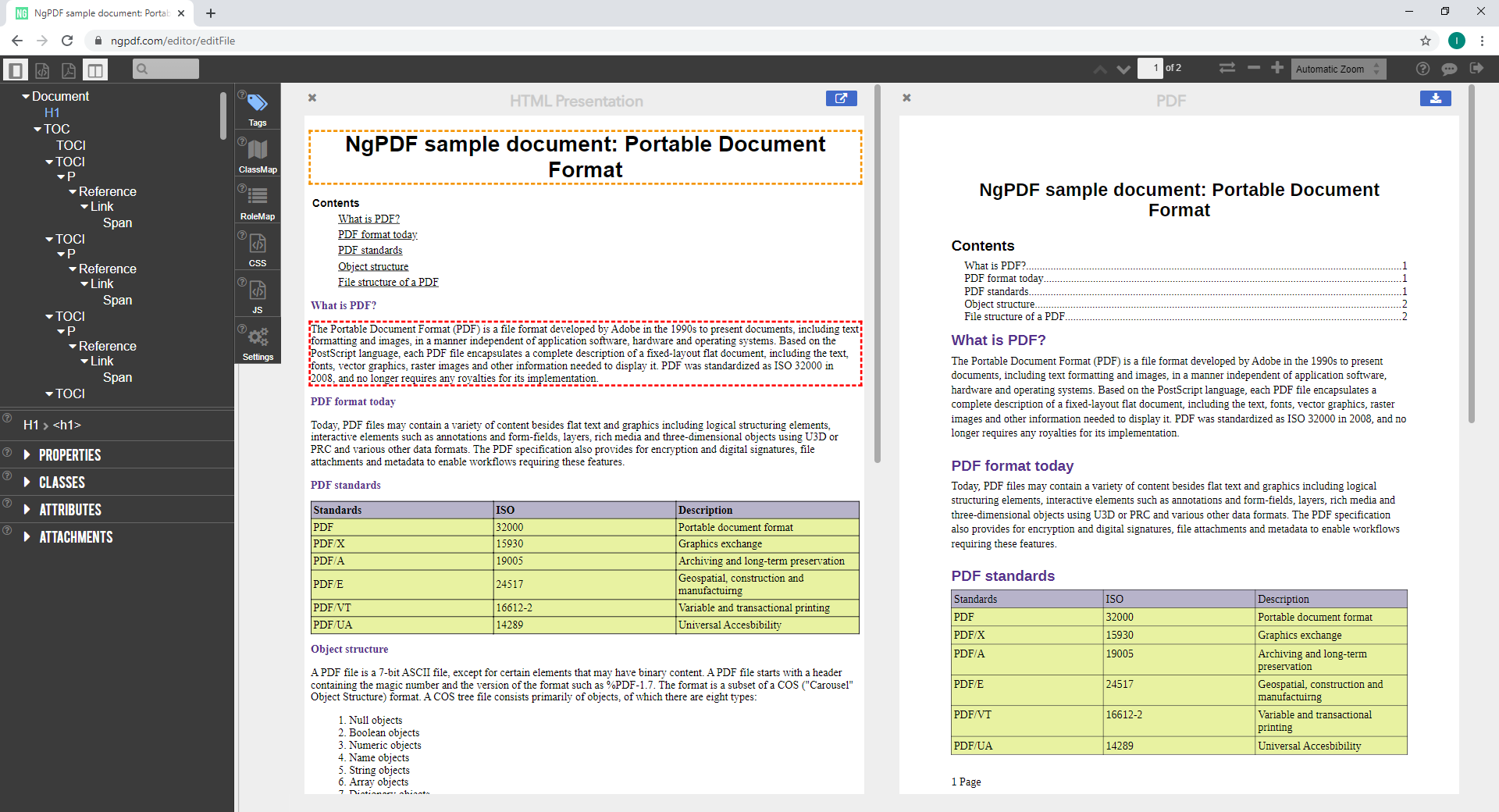 The HTML representation of the example PDF document in the ngPDF application