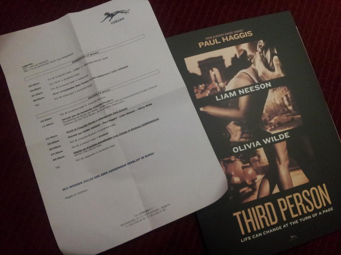Invitation to Cinecittà regarding the movie Third Person by Paul Haggis