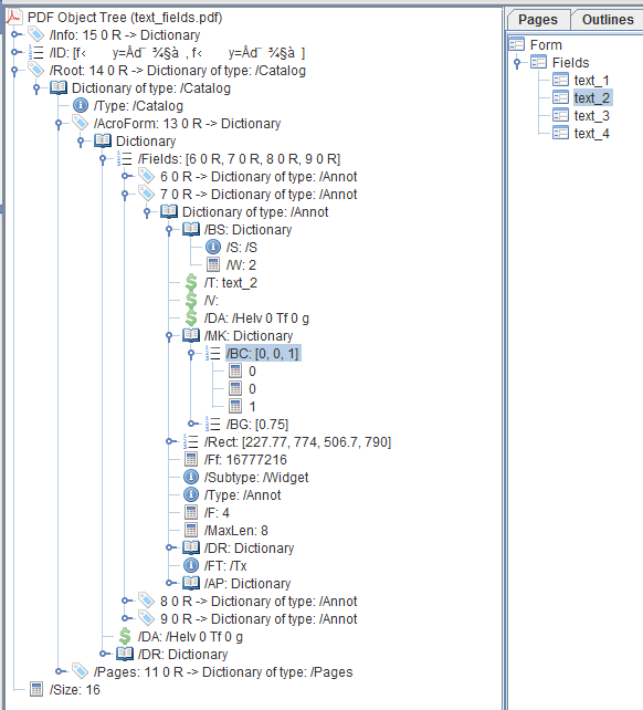 Internal structure of a PDF file with fields