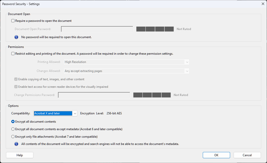 A screenshot of an AES 256-bit encrypted PDF's settings in Acrobat
