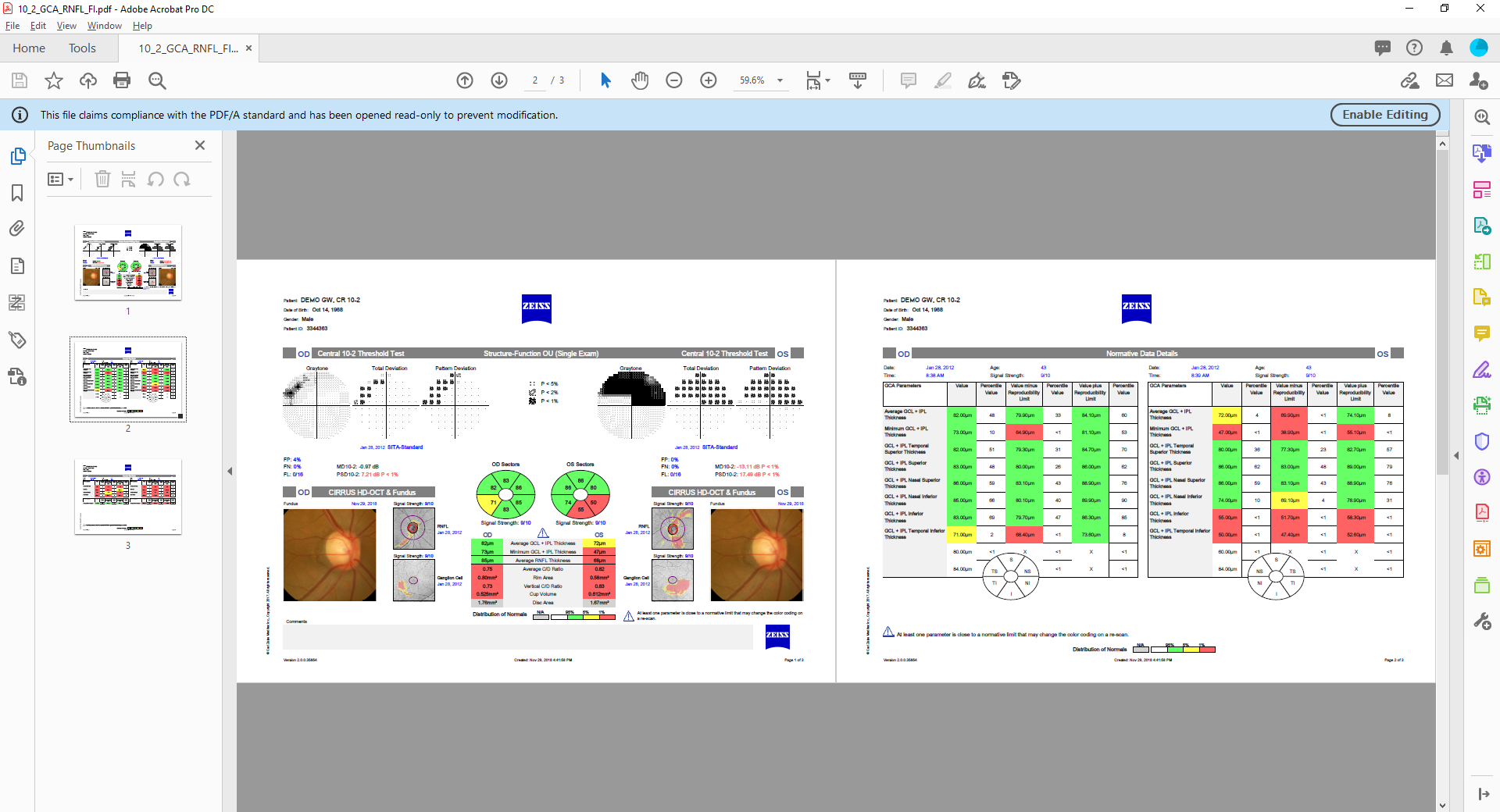 A combined PDF report produced by the FORUM software. As you can see, it is compliant with the PDF/A standard.