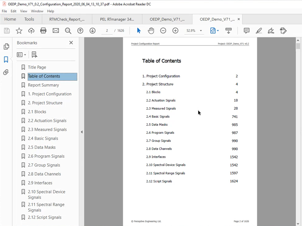 An example configuration report generated from RT Manager, showing the dynamically-generated Table of Contents for easy report navigation