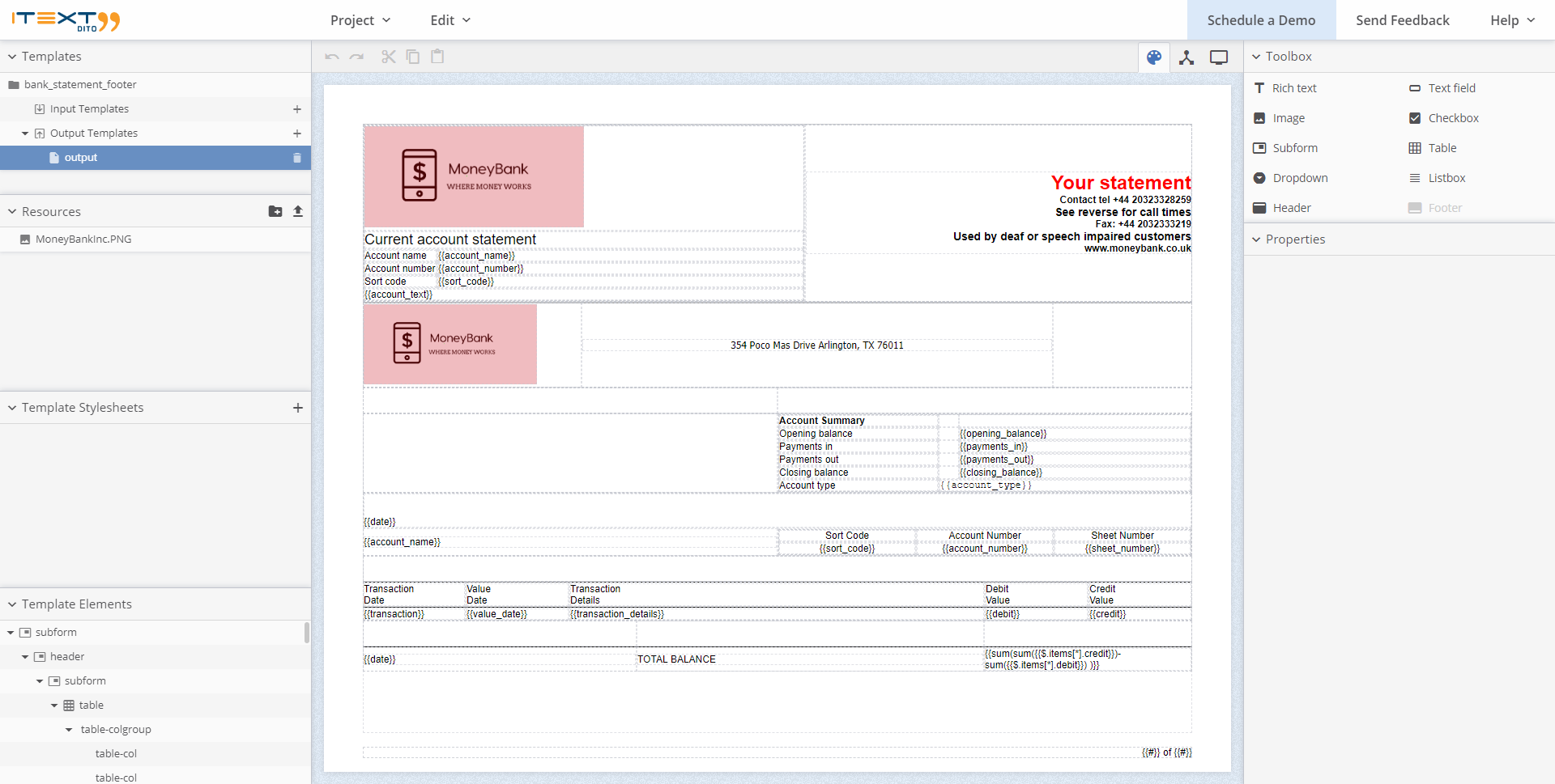 DITO Template Editor screenshot of a bank statement template
