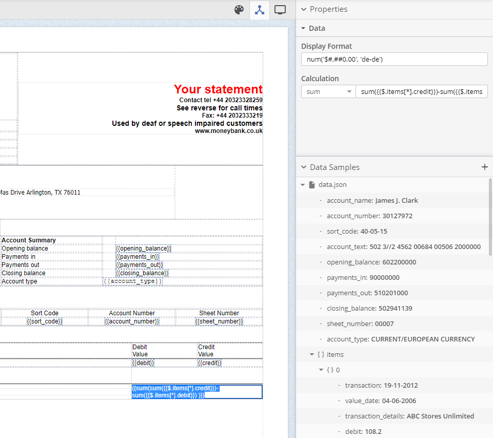 A view of the Data mapping mode of the iText DITO editor