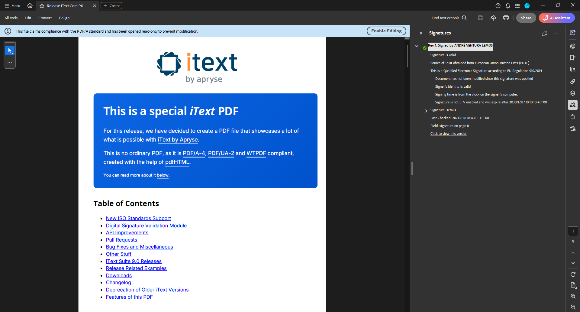 An example iText PDF showcasing advanced features