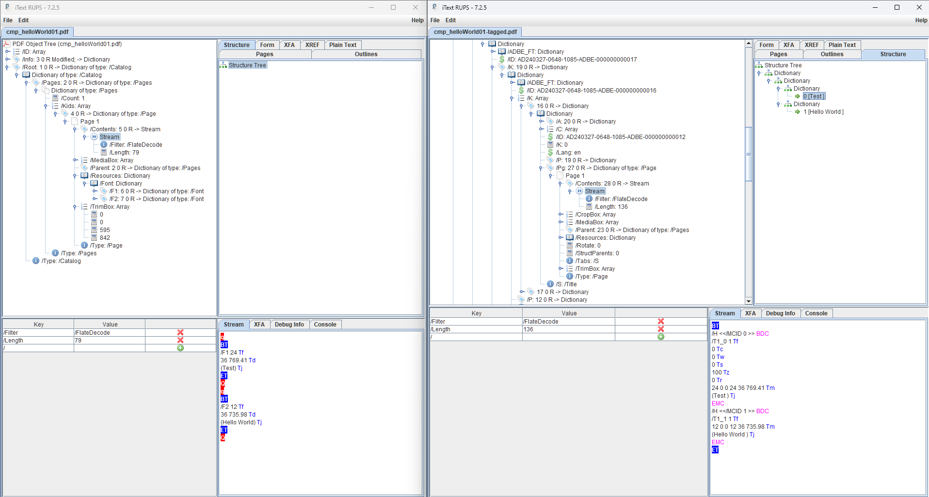 Viewing the difference in PDF structure between the untagged and tagged documents in RUPS.