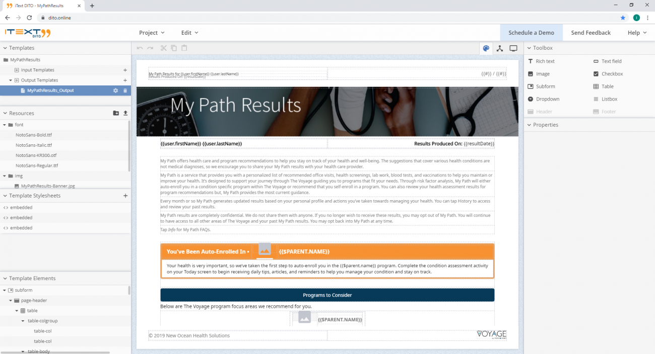 Editing the My Path Results template using the iText DITO Editor