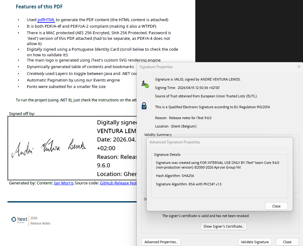 Screenshot showing the signature validation details for the showcase PDF