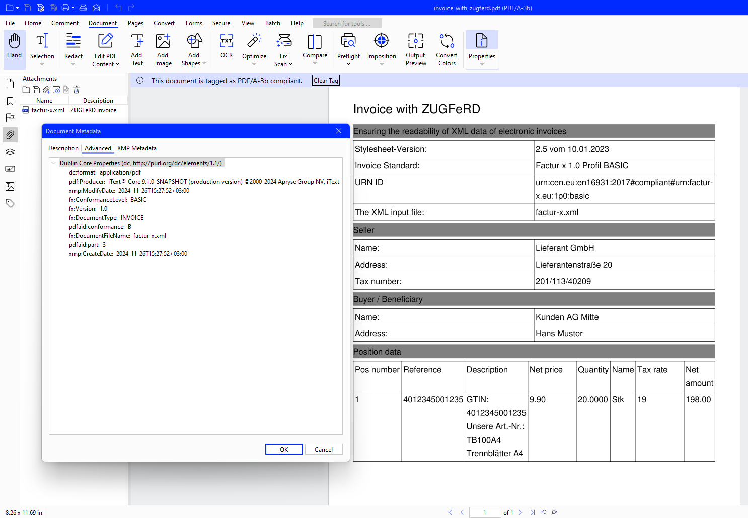 Examining the XMP properties of a ZUGFeRD e-invoice