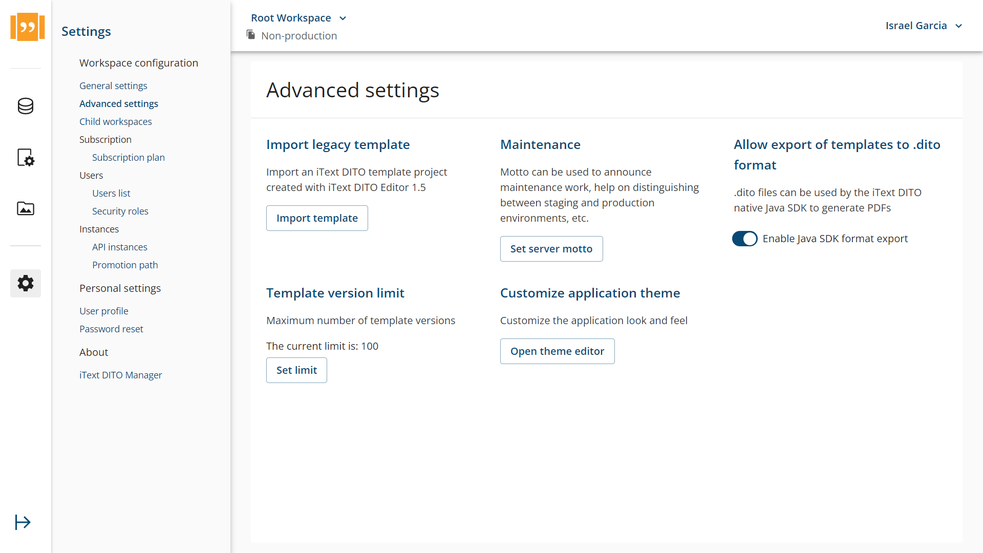 Screenshot of iText DITO Advanced settings theme editor