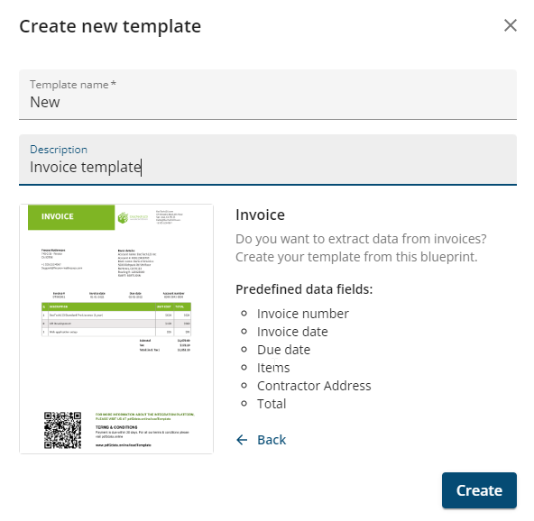 Screenshot of iText pdf2Data Blueprint to create a new template