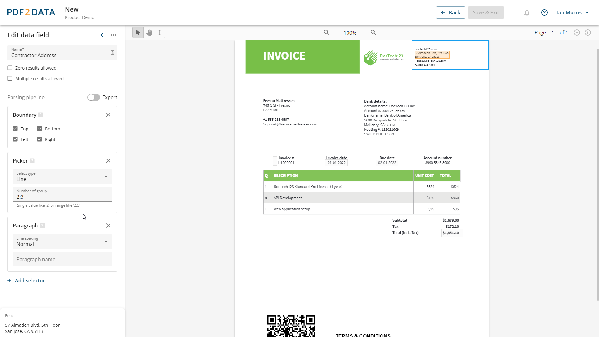 Screenshot of iText pdf2Data Editor new interface showing an invoice example