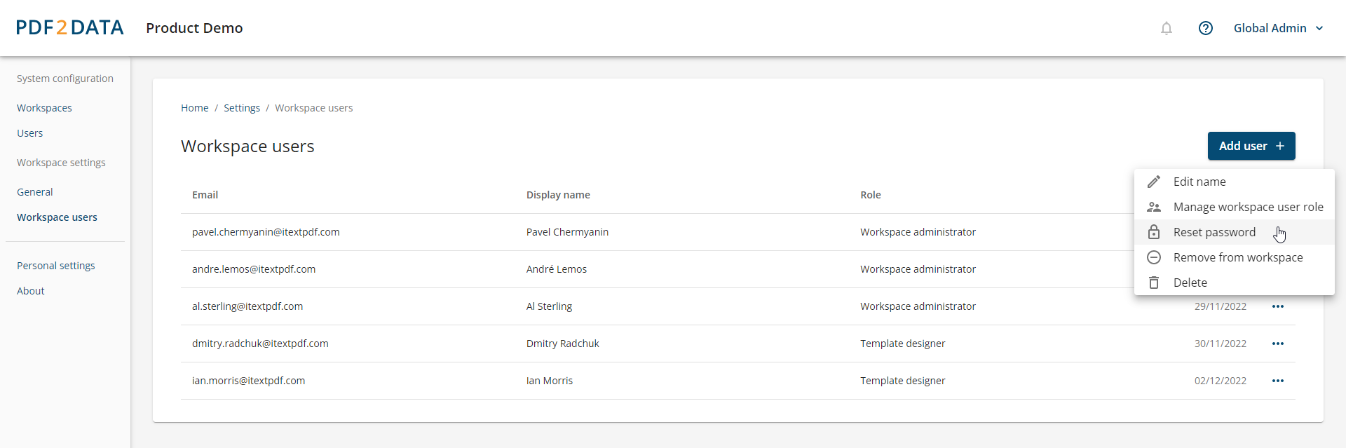 Screenshot of iText pdf2Data Manager User Management