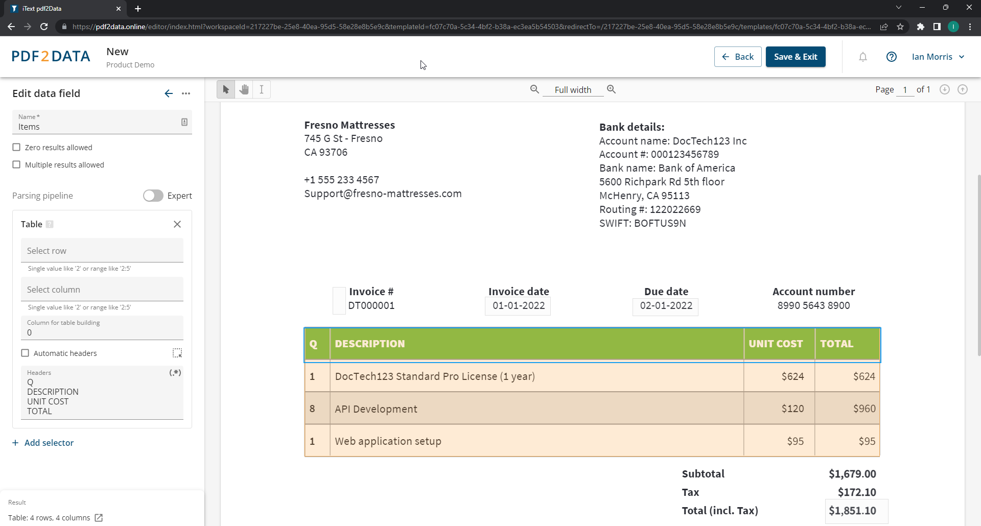 iText pdf2Data 4.0 table selector