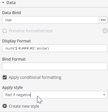 DITO conditional formatting red if negative data bind