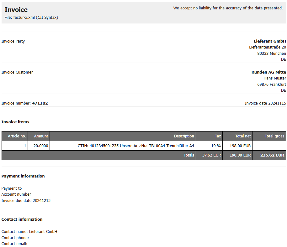 An HTML rendering of the e-invoice data