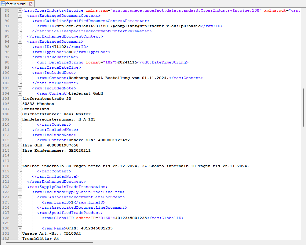 A view of XML e-invoice data