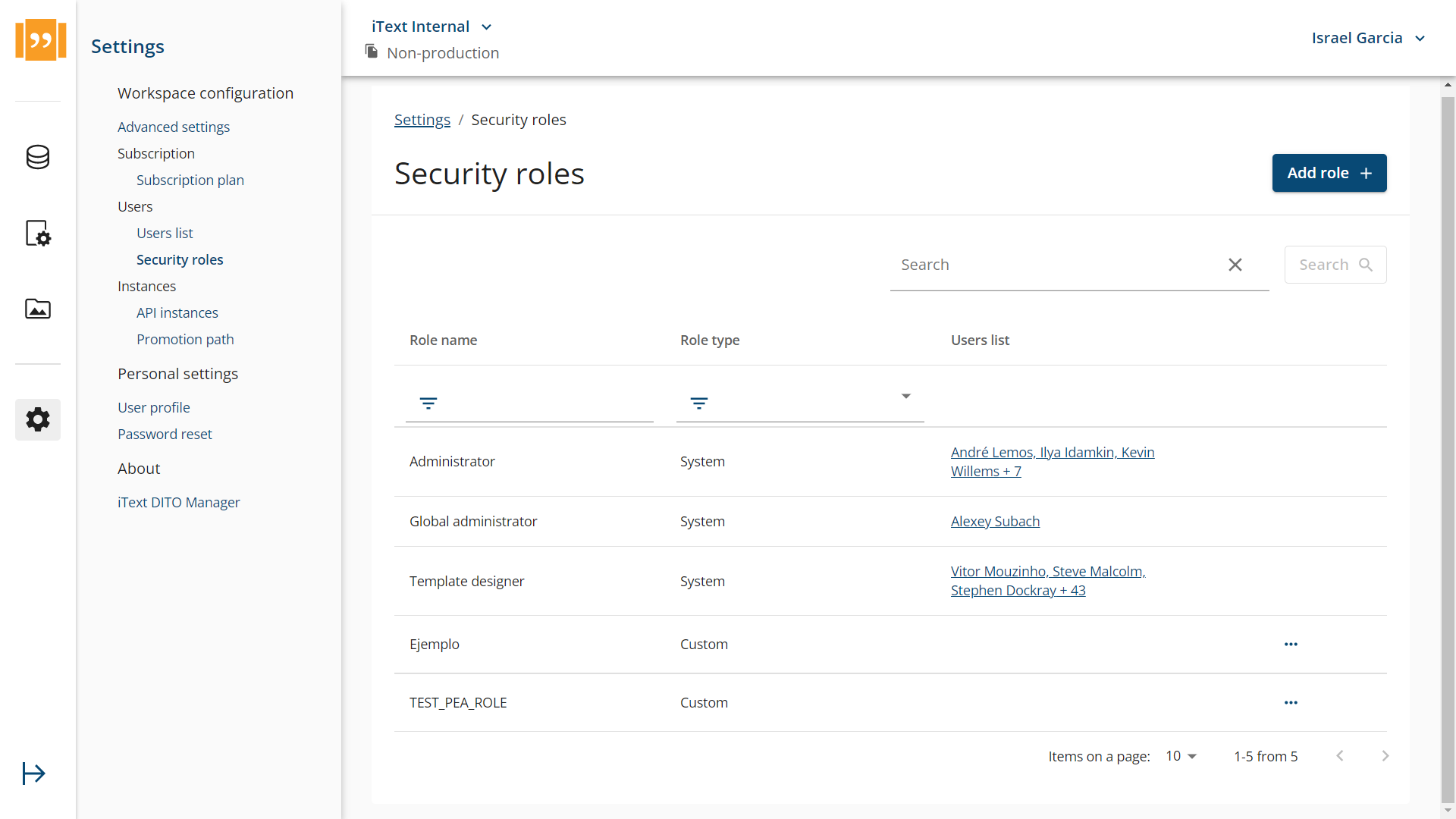 Screenshot of user security roles