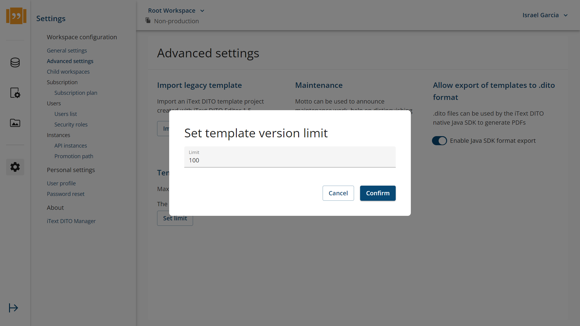 Screen shot of set template version limits screen