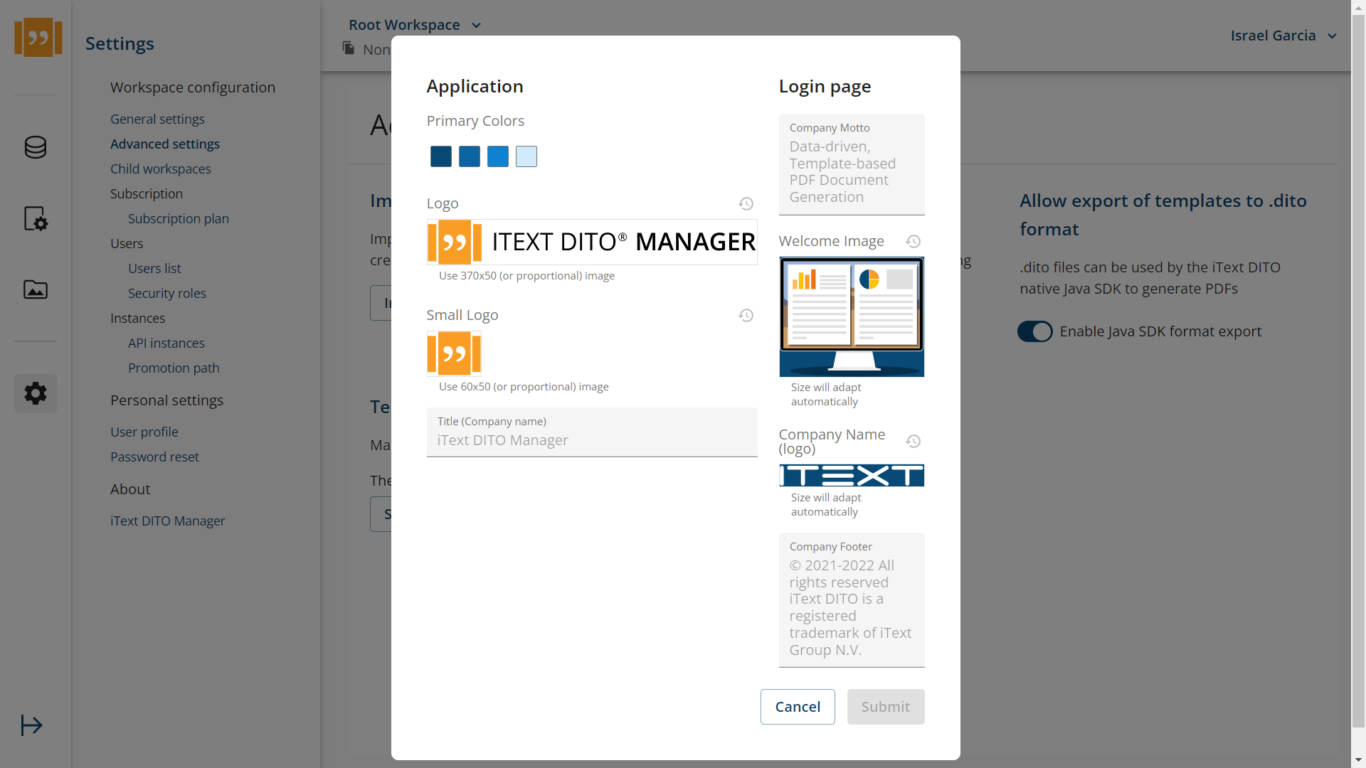 Screenshot of White labeling interface