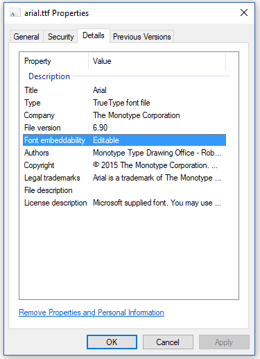 Properties of arial.ttf