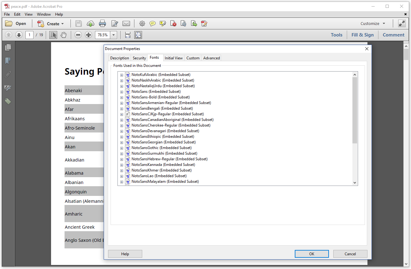 Peace in different languages (PDF fonts)