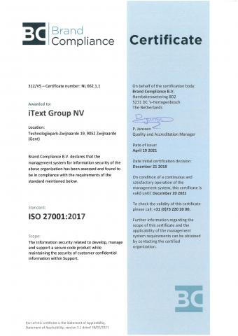iText 27001:2017 Certificate 