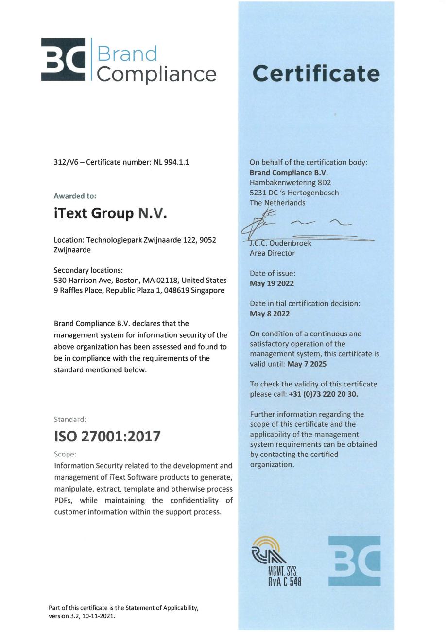 iText 27001:2017 Certificate 